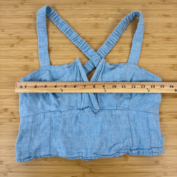 Anthropologie Linen Utility Corset Top Blue Smocked Bib Cropped Square Neck S - Picture 7 of 15